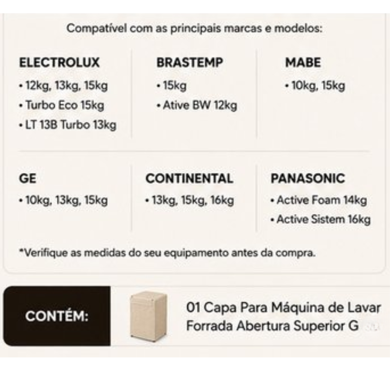 Capa Para Máquina de Lavar Forrada Com Zíper Abertura Superior G - Bege