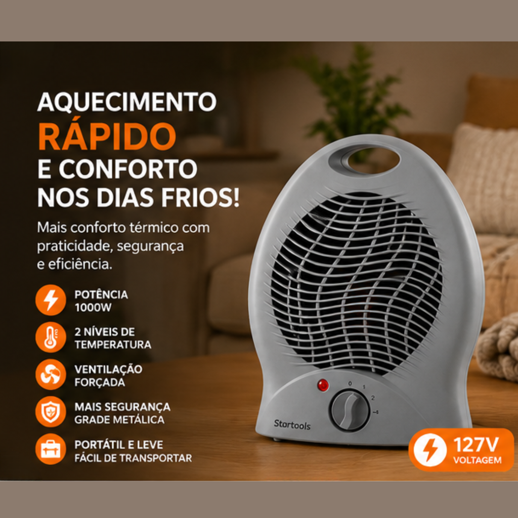 Aquecedor Elétrico Portátil 1000W 127V Ventilação Ar Startools - lgjlimacomercio