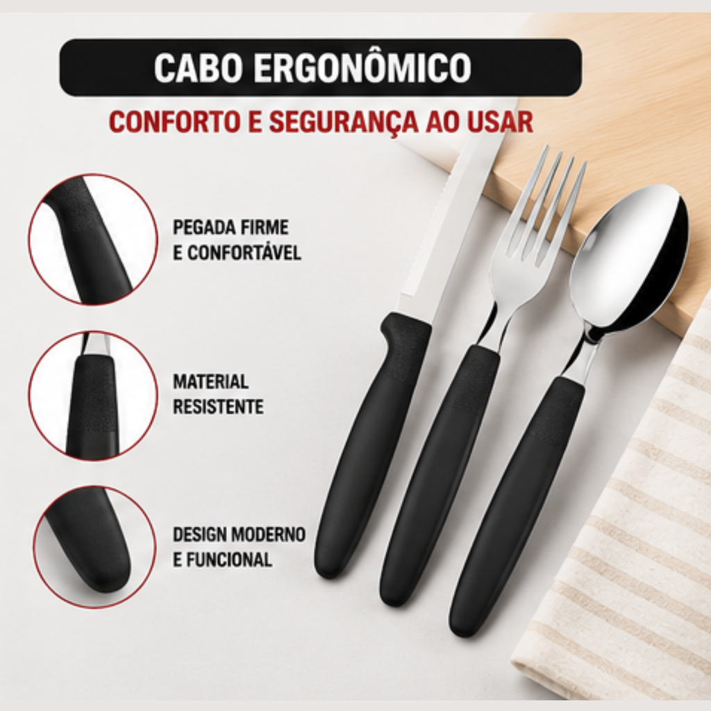 Talheres Fratelli cabo preto 12 peças fácil de limpar | Lgjlima Comercio
