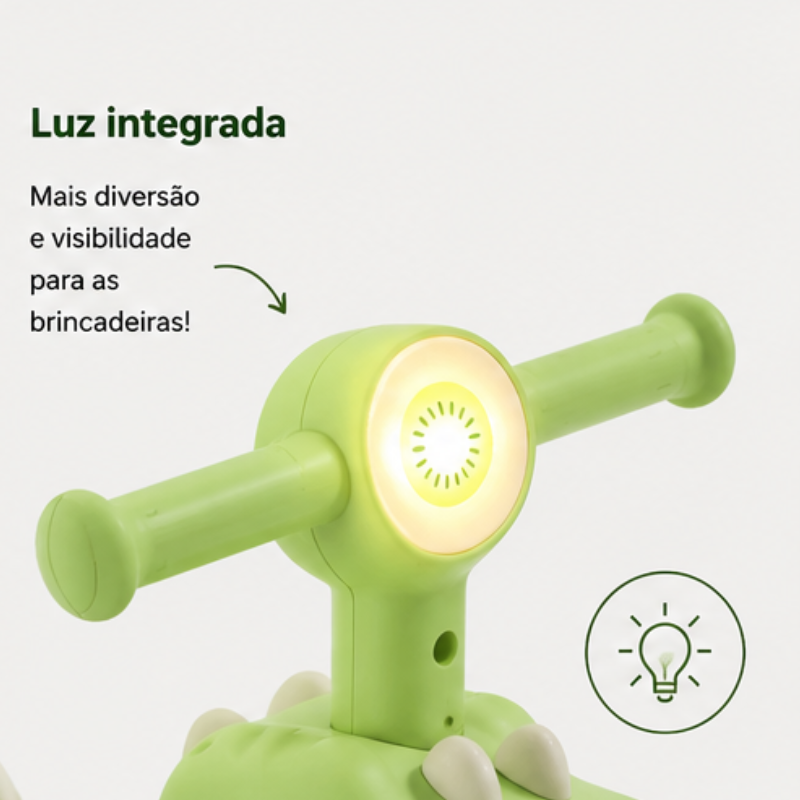 Balance Bike Dino Infantil com Luz e 4 Rodas- Verde - lgjlimacomercio