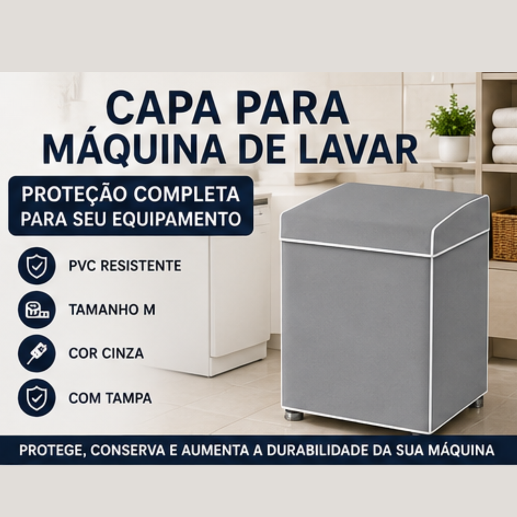 Capa de Maquina de Lavar Com Tampa PVC M - Cinza - Lgjlimacomercio
