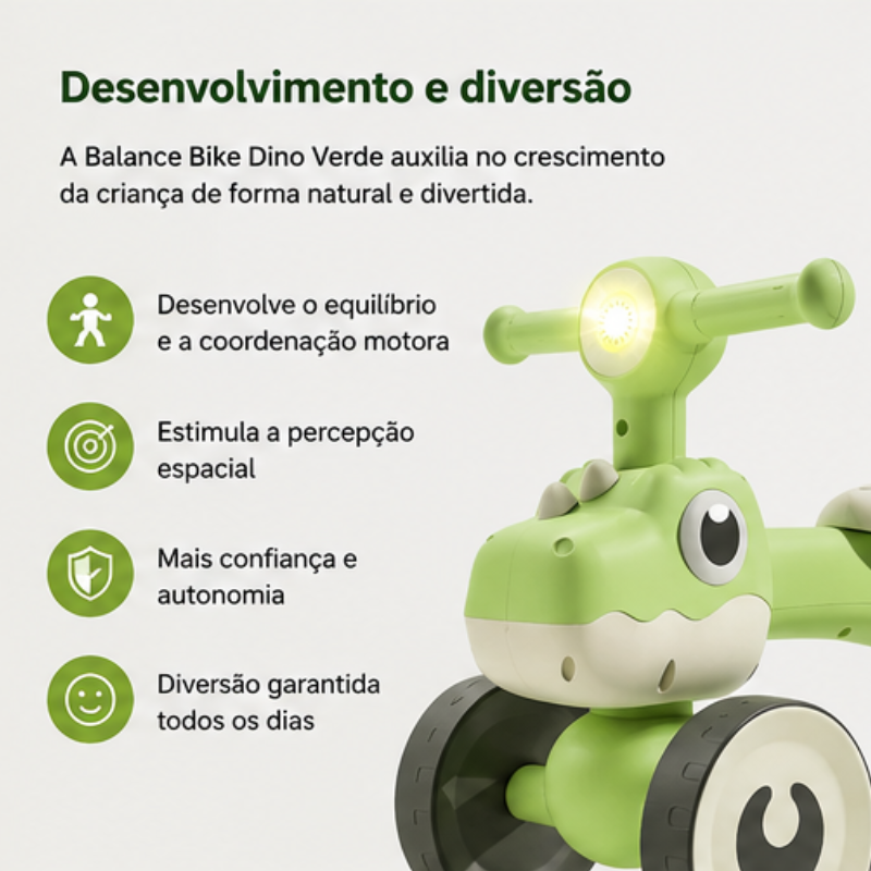Balance Bike Dino Infantil com Luz e 4 Rodas- Verde - lgjlimacomercio