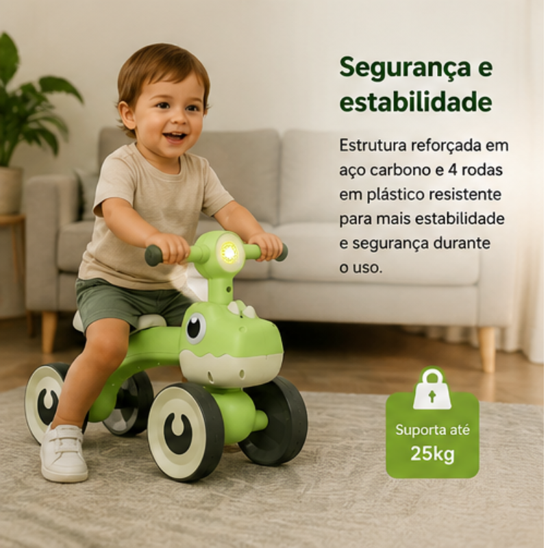 Balance Bike Dino Infantil com Luz e 4 Rodas- Verde - lgjlimacomercio