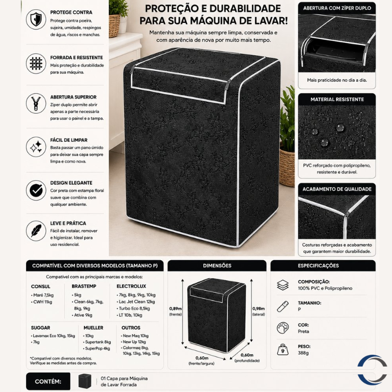 Capa Para Máquina de Lavar Forrada Abertura Superior P - Preta - lgjlimacomercio