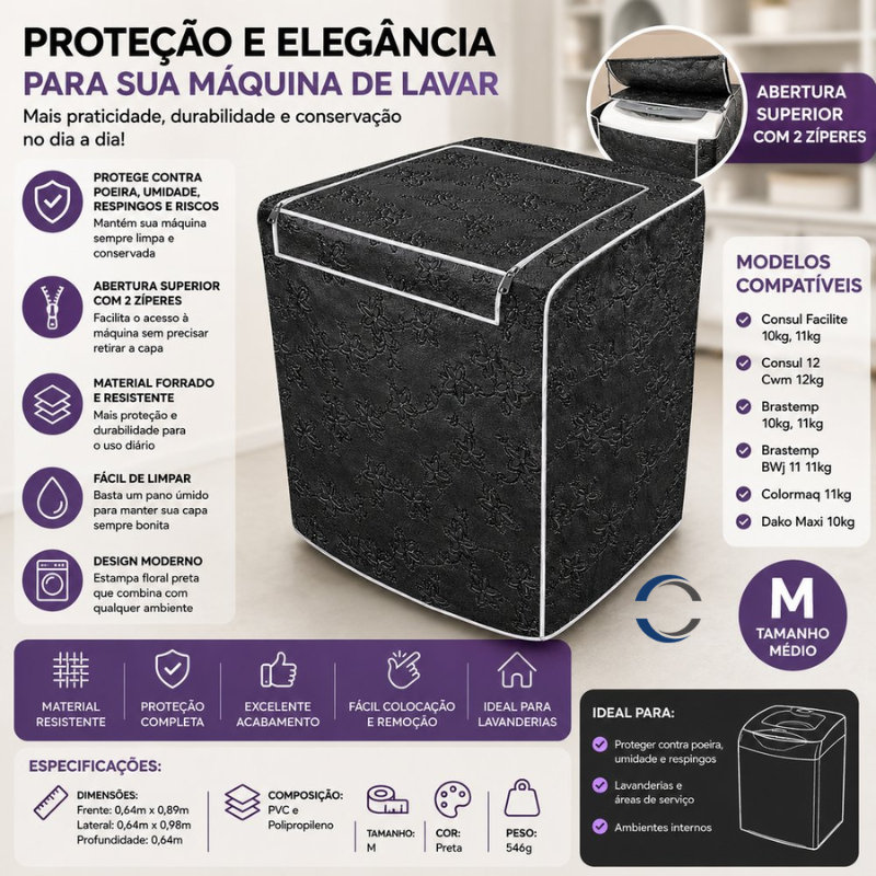 Capa Para Máquina de Lavar Forrada Com Zíper Abertura Superior M - Preta - lgjlimacomercio