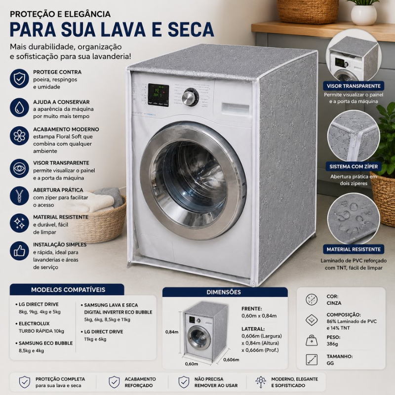 Capa Para Máquina Lavar com Visor Transparente e Zíper GG - Cinza - lgjlimacomercio