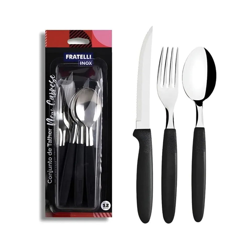 Conjunto Talheres 12 Peças Inox Cabo Preto Resistente Fratelli | Lgjlima Comercio