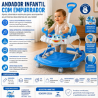 Andador Infantil com Empurrador Interativo - Azul - lgjlimacomercio