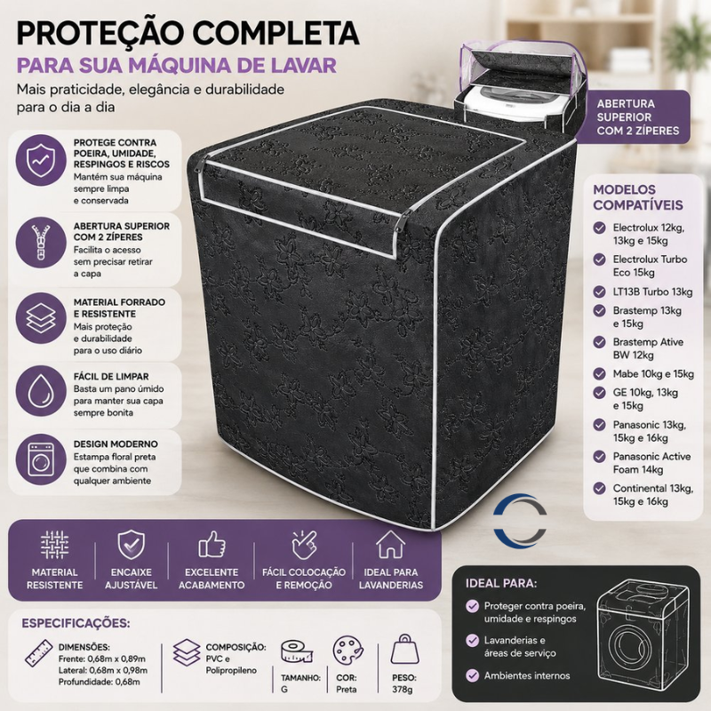 Capa para Máquina de Lavar Forrada com Zíper Abertura Superior Tamanho G - Preta
