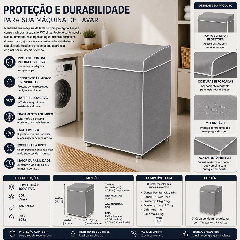 Capa de Maquina de Lavar Com Tampa PVC P - Cinza- Lgjlimacomercio