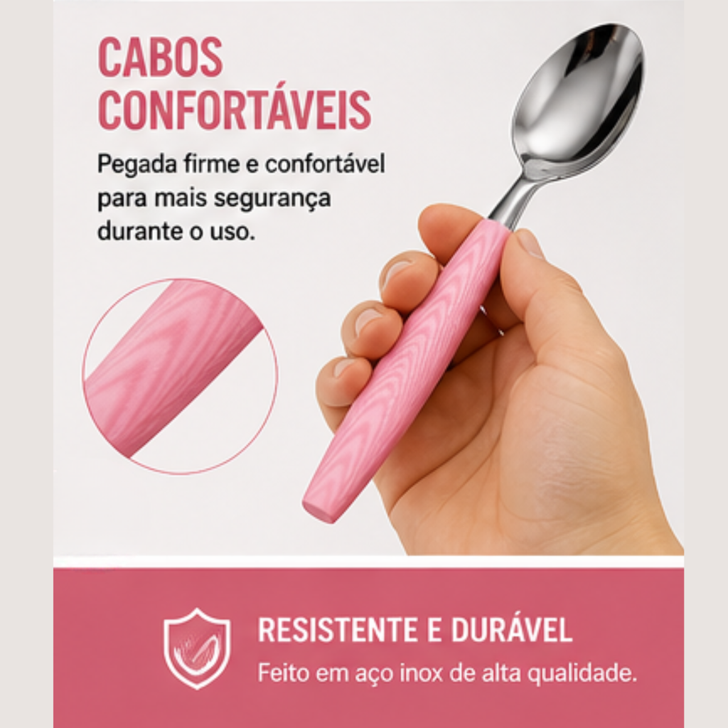 Garfo faca e colher inox cabo rosa Fratelli uso diário | Lgjlima Comercio