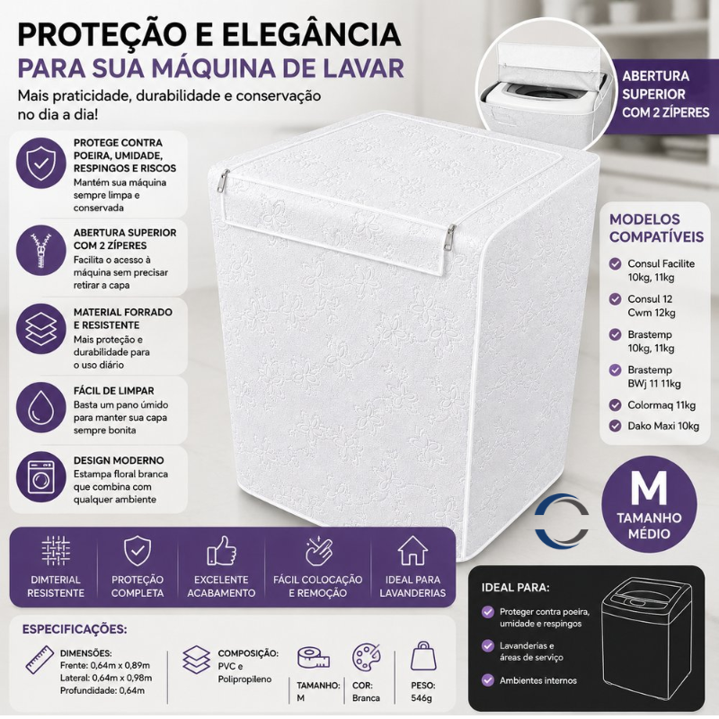 Capa Para Máquina de Lavar Forrada Com Zíper Abertura Superior M - Branca - lgjlimacomercio
