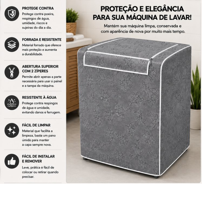 Capa Para Máquina de Lavar Forrada Com Zíper Abertura Superior M - Cinza - lgjlimacomercio