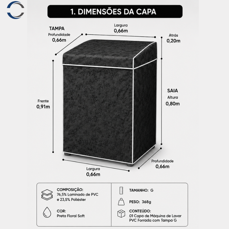 Capa Máquina Lavar Forrada PVC G Preta Abertura Superior