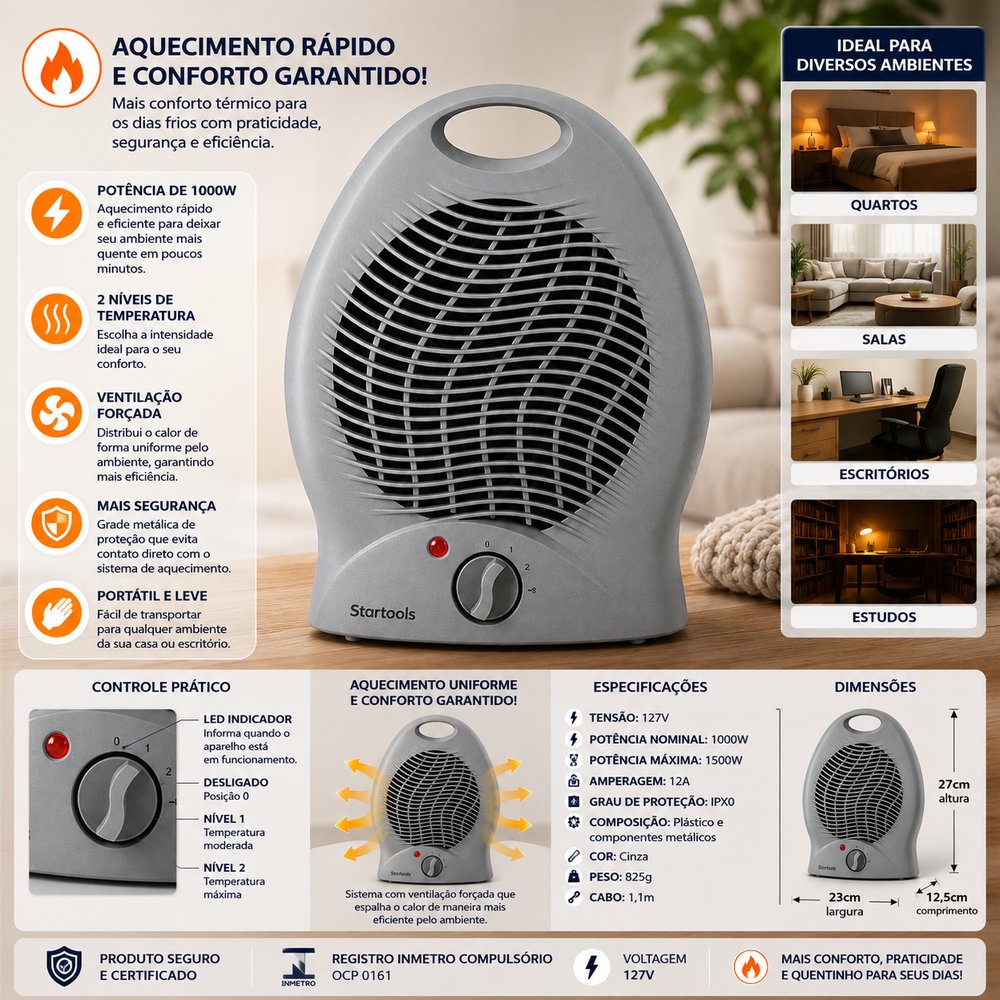 Aquecedor Elétrico Portátil 1000W 127V Ventilação Ar Startools - lgjlimacomercio
