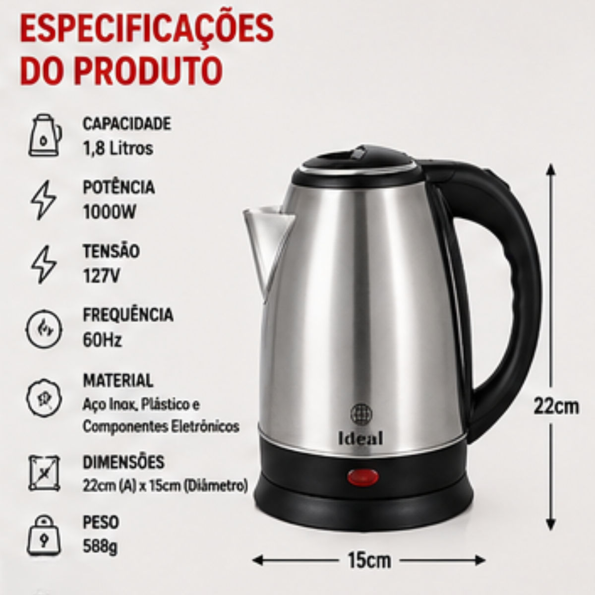 Chaleira Elétrica 1.8Lts 1000W 127V Inox - lgjlimacomercio