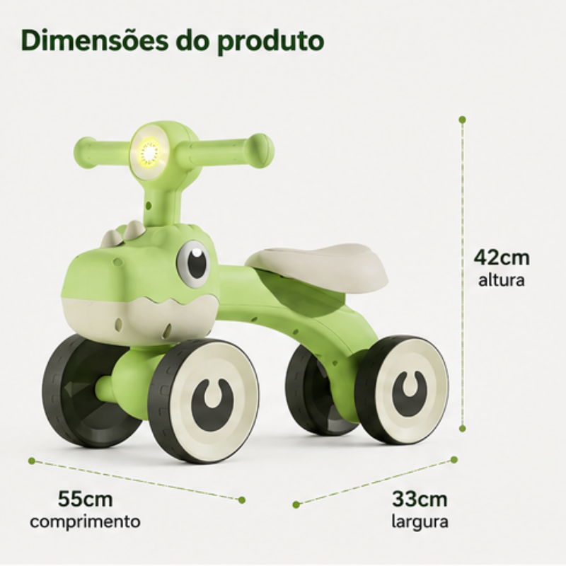 Balance Bike Dino Infantil com Luz e 4 Rodas- Verde - lgjlimacomercio