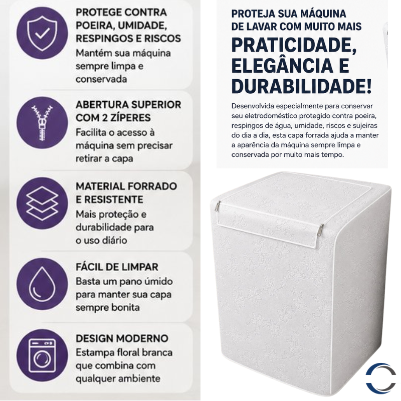 Capa Para Máquina de Lavar Forrada Com Zíper Abertura Superior M - Branca - lgjlimacomercio