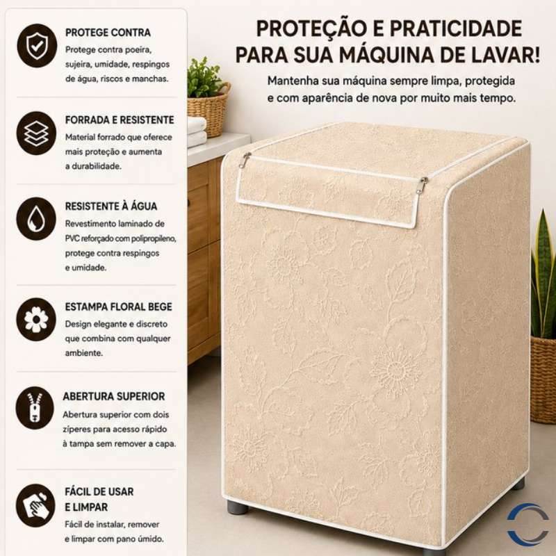 Capa Para Máquina de Lavar Forrada Com Zíper Abertura Superior G - Bege