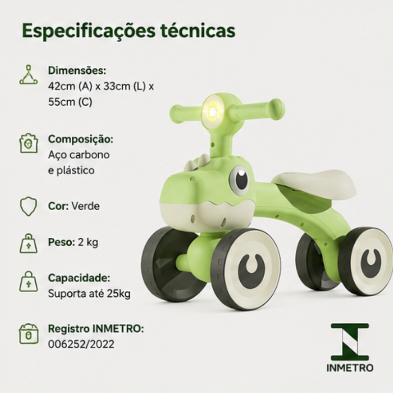 Balance Bike Dino Infantil com Luz e 4 Rodas- Verde - lgjlimacomercio