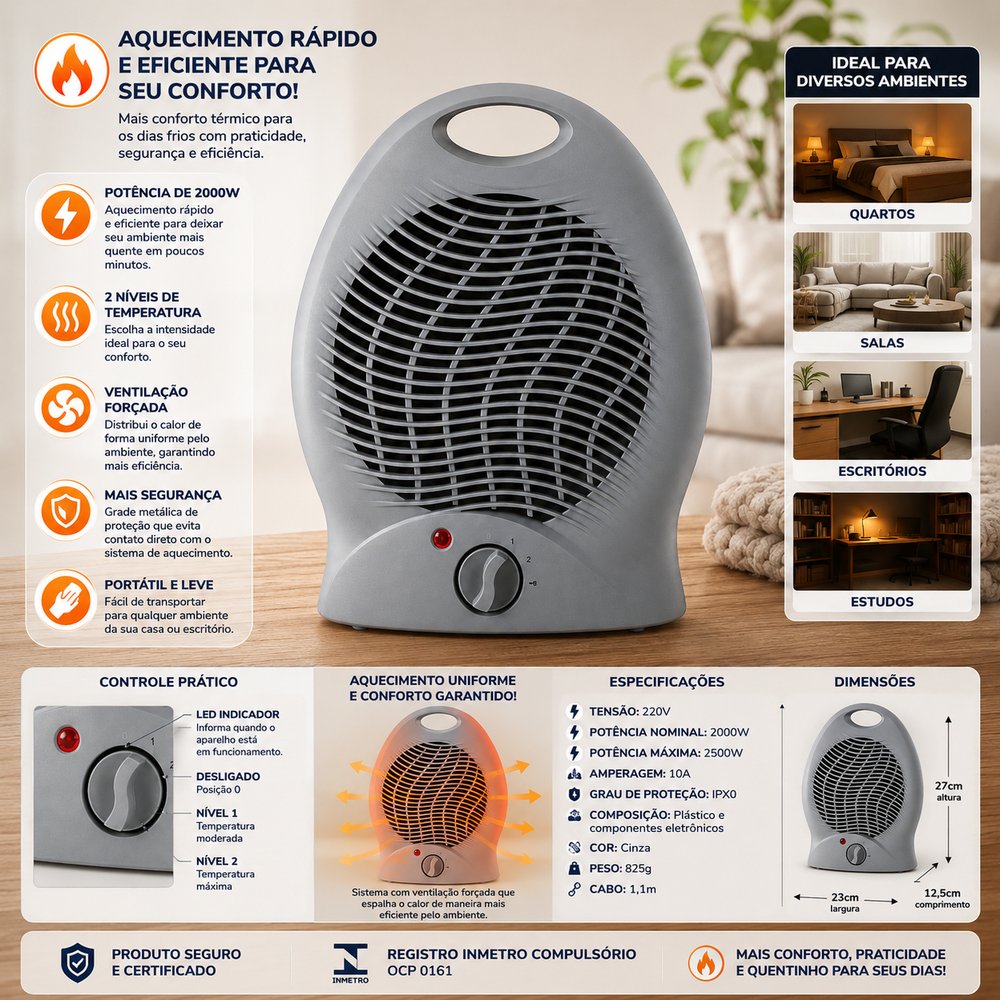 Aquecedor Elétrico 2000W 220V Portátil Cinza Quarto Sala Startools - lgjlimacomercio