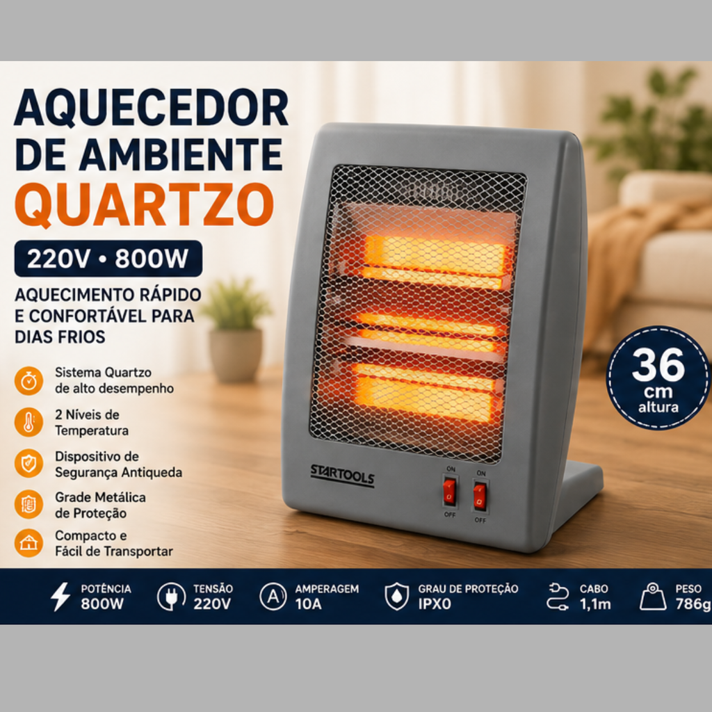 Aquecedor de Ar Quartzo 36cm 220V Cinza Startools - Vista Lateral - lgjlimacomercio
