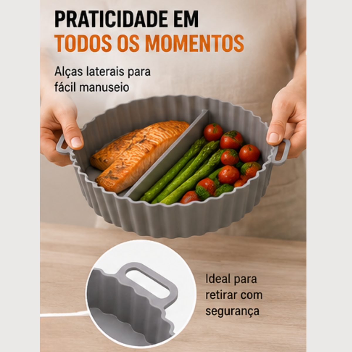 Forma silicone air fryer redonda cinza com alças laterais | Lgjlima Comercio