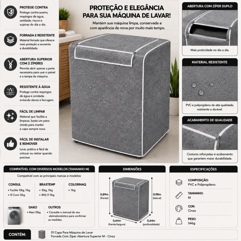 Capa Para Máquina de Lavar Forrada Com Zíper Abertura Superior M - Cinza - lgjlimacomercio