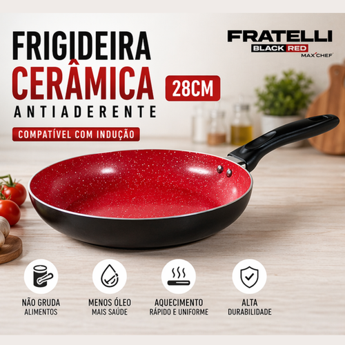 Frigideira 28cm Fratelli revestimento cerâmico vermelho e preto | Lgjlima

