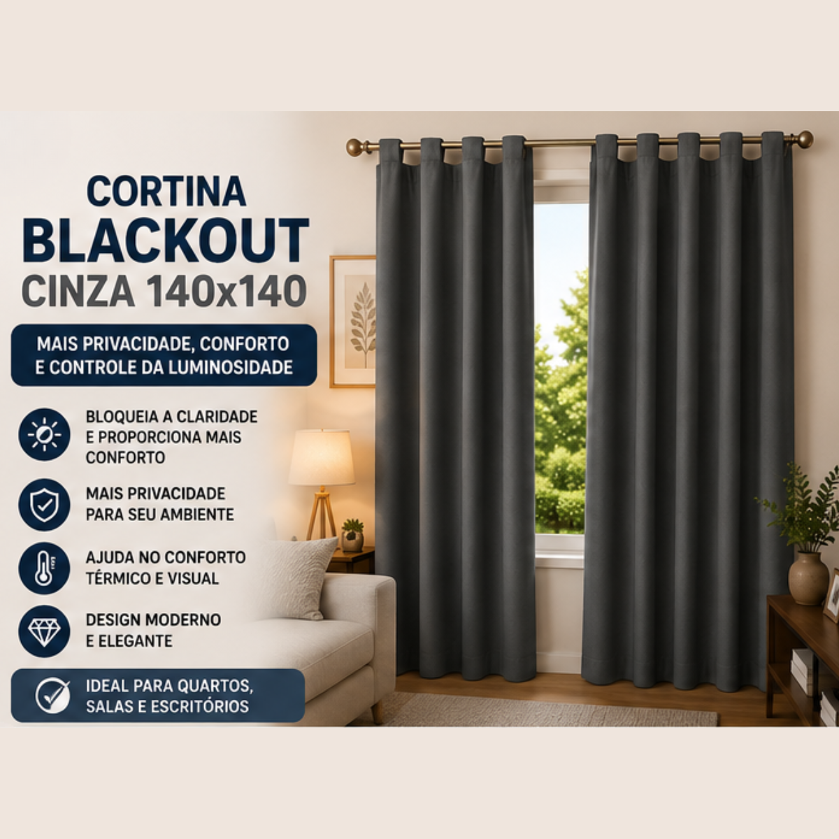 Cortina Black- Out com Alças 140x140 - Cinza - lgjlimacomercio