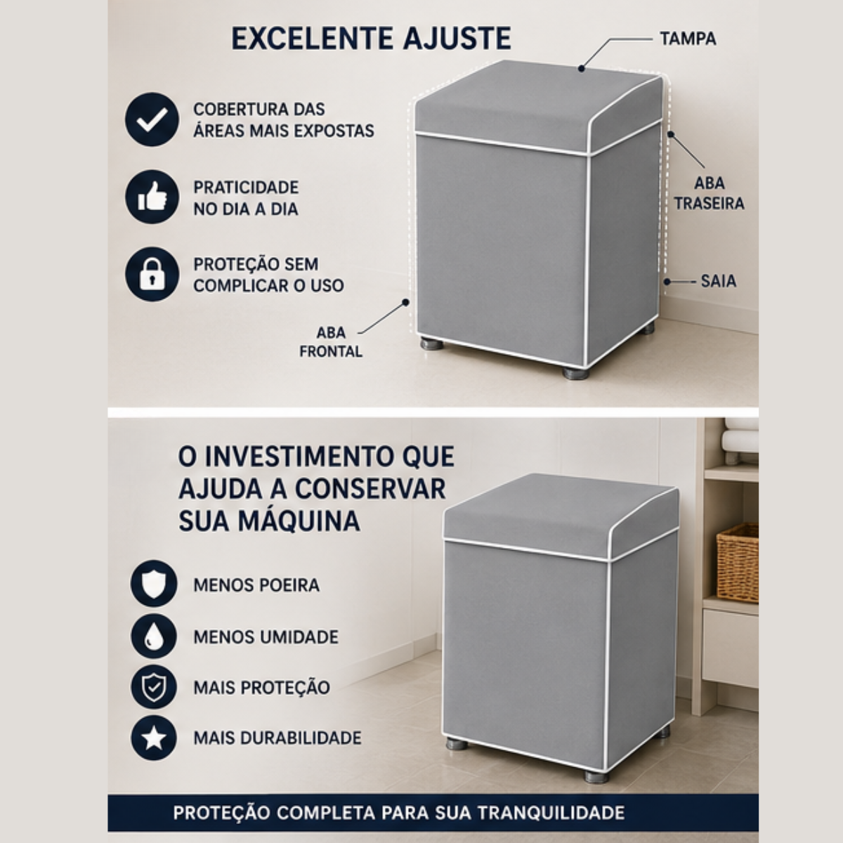 Capa de Maquina de Lavar Com Tampa PVC M - Cinza - Lgjlimacomercio