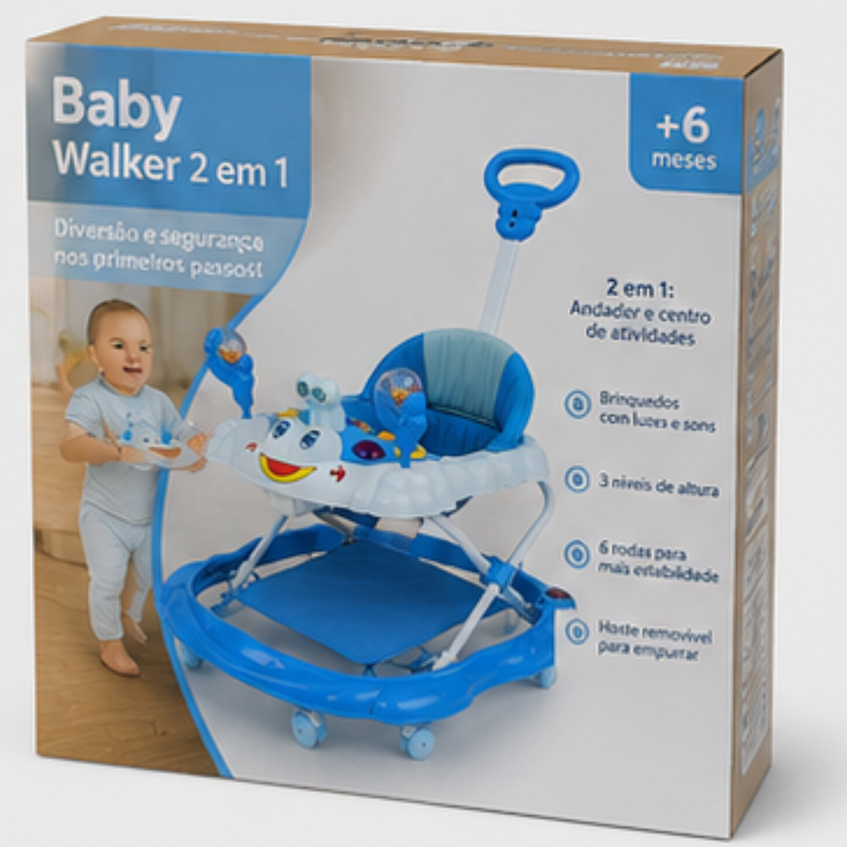 Andador Infantil com Empurrador Interativo - Azul - lgjlimacomercio