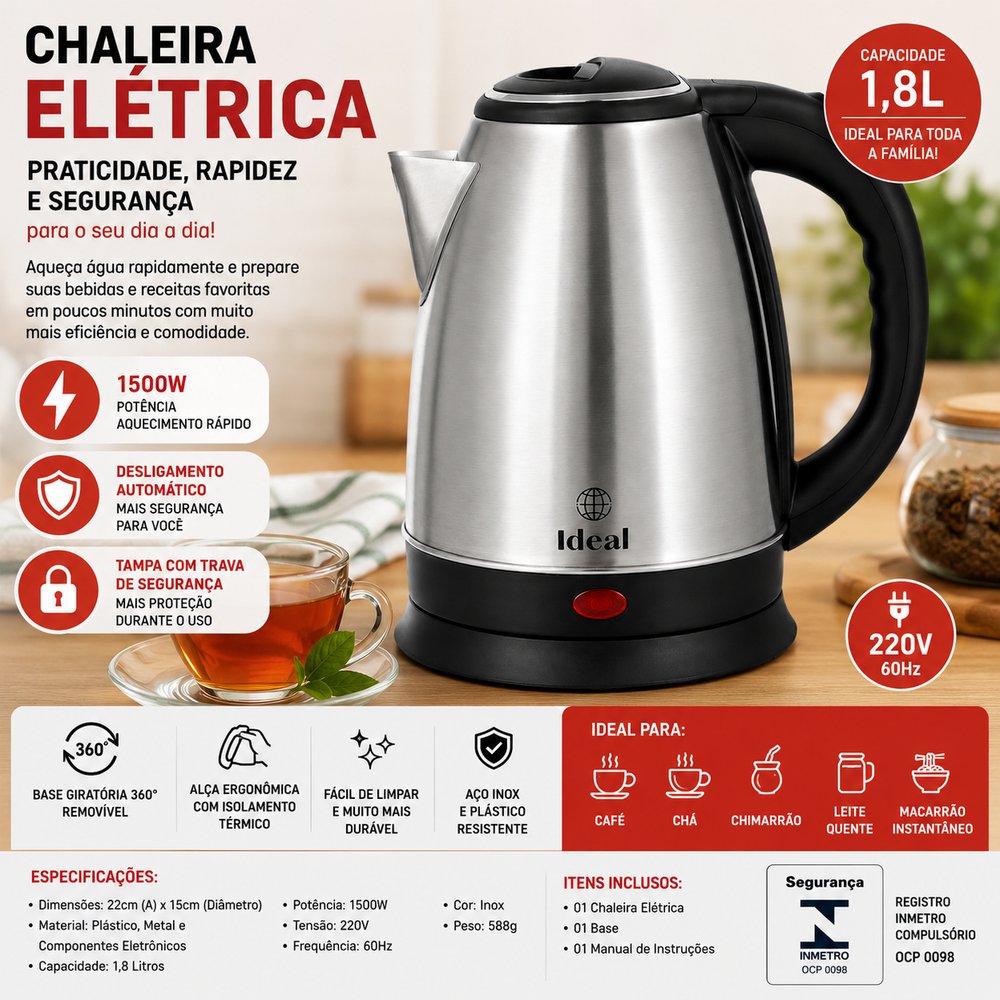 Chaleira Elétrica 1.8Lts 1500W 220V Inox - lgjlimacomercio