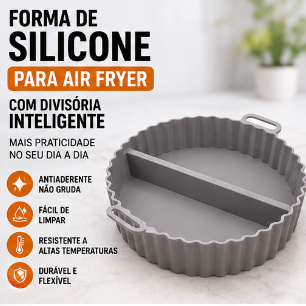 Acessório fritadeira forma silicone redonda com divisória cinza | Lgjlima Comercio