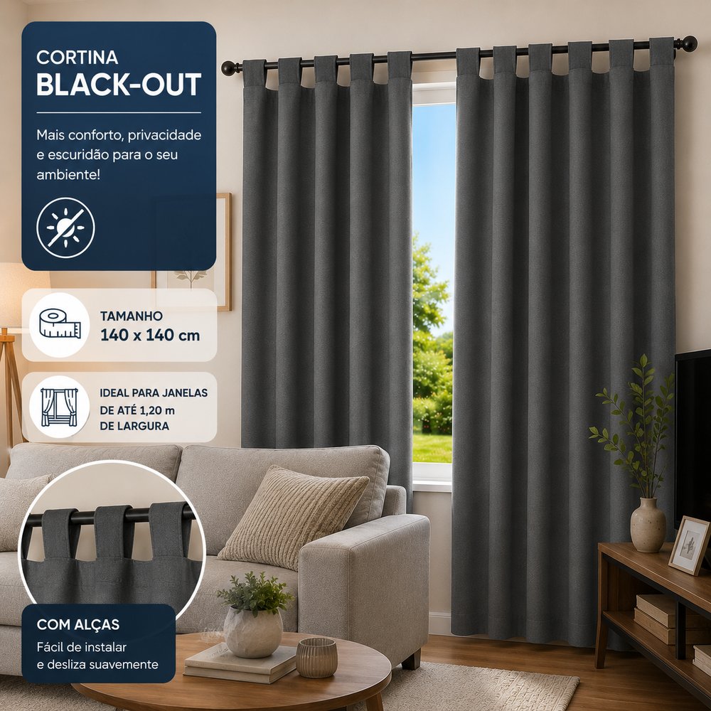 Cortina Black- Out com Alças 140x140 - Cinza - lgjlimacomercio