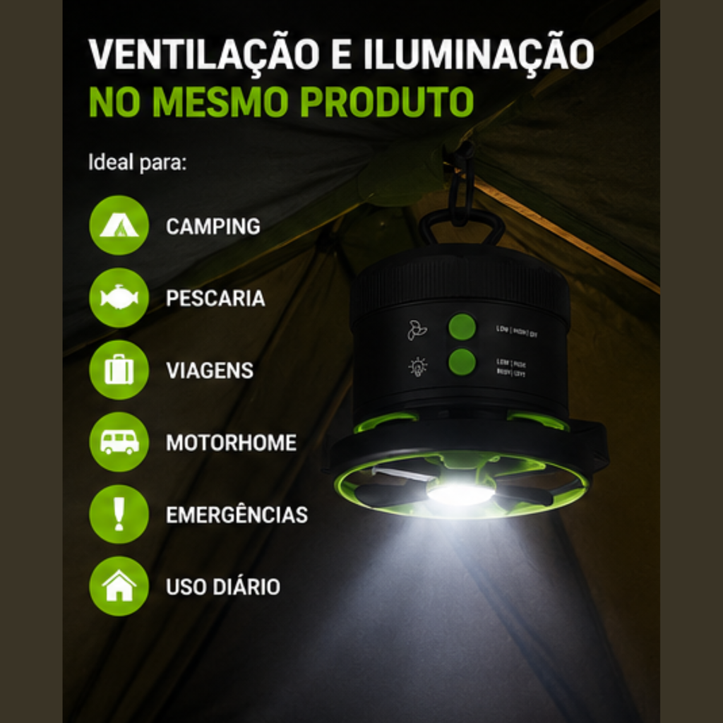 Mini Ventilador Barraca LED USB Recarregável Power Bank