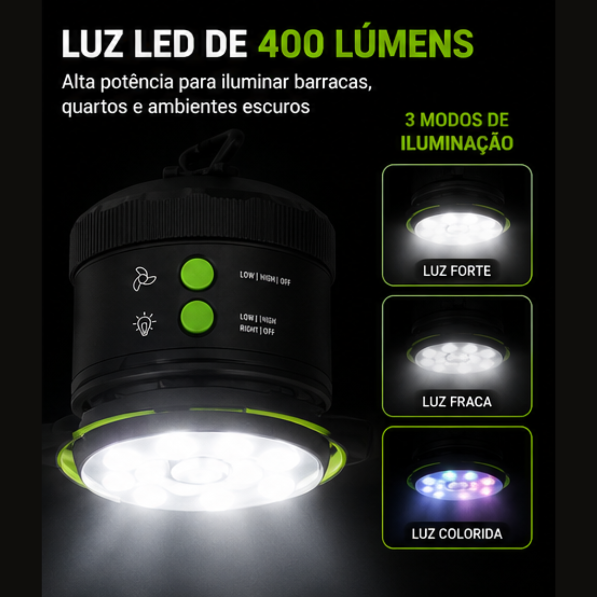 Mini Ventilador Barraca LED USB Recarregável Power Bank