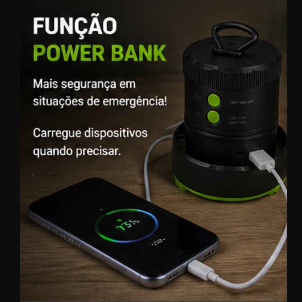 Mini Ventilador Barraca LED USB Recarregável Power Bank