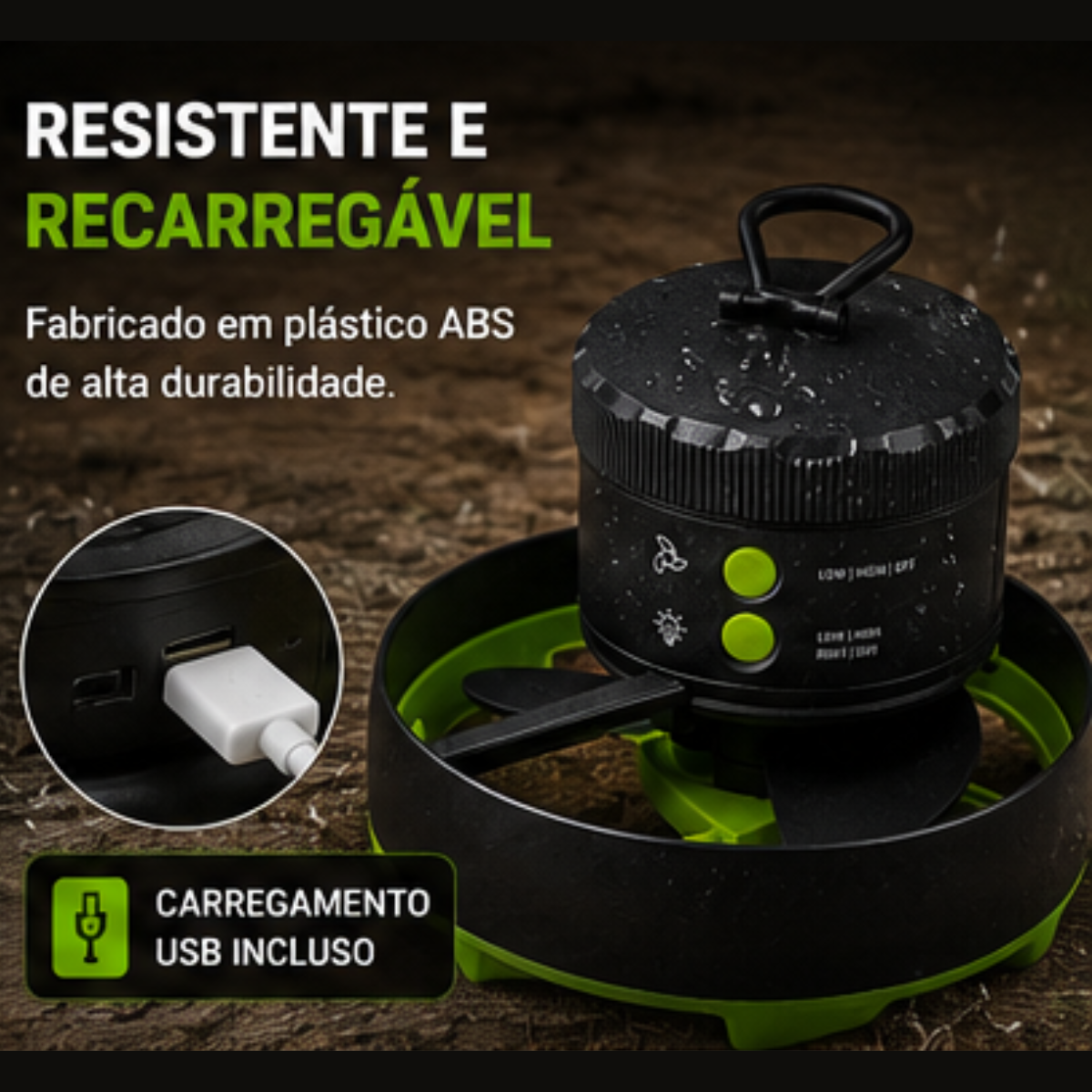 Mini Ventilador Barraca LED USB Recarregável Power Bank