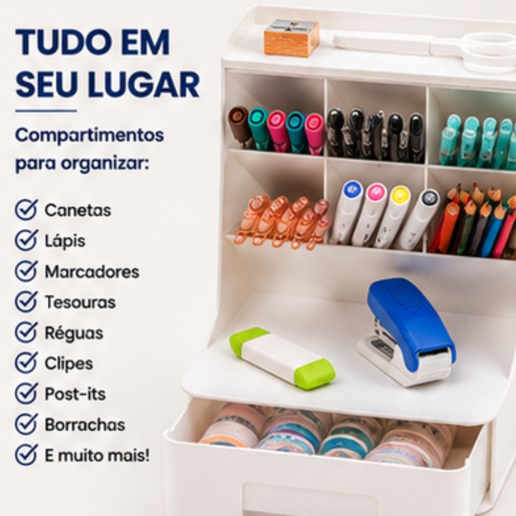 Organizador Multiuso Mesa Com Gaveta Porta Canetas Branco