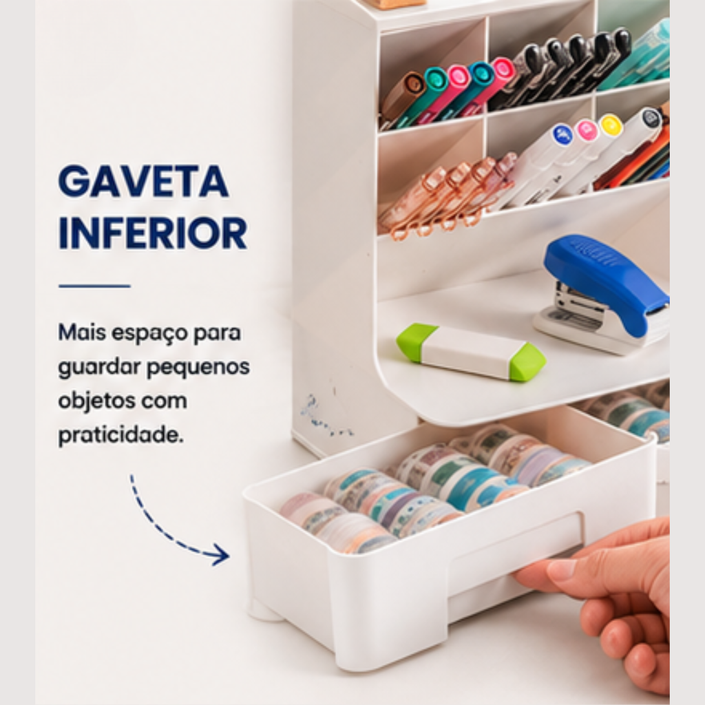 Organizador Multiuso Mesa Com Gaveta Porta Canetas Branco
