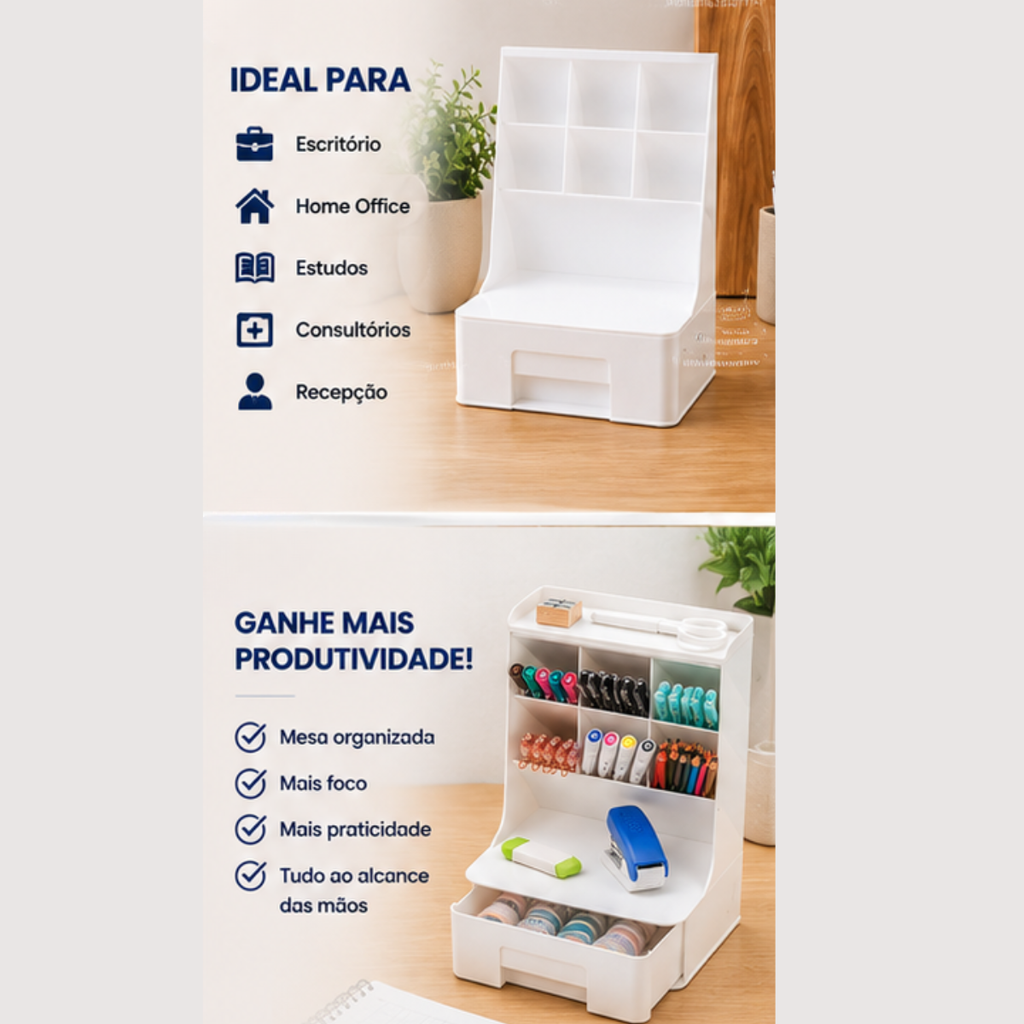 Organizador Multiuso Mesa Com Gaveta Porta Canetas Branco
