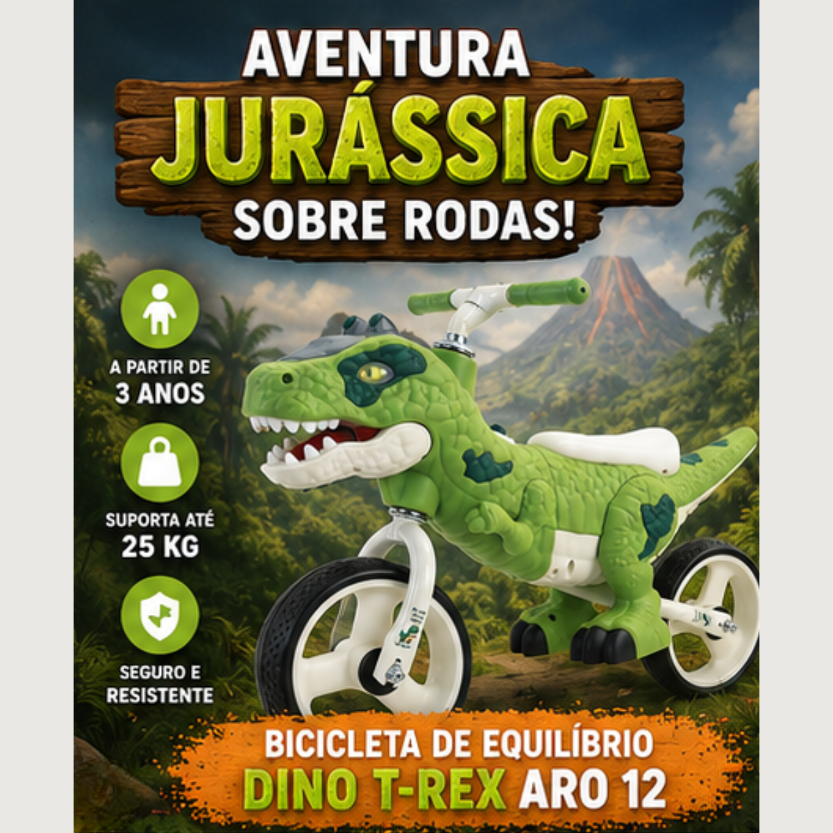 Bicicleta Equilíbrio Infantil Dinossauro T Rex Aro 12 Verde