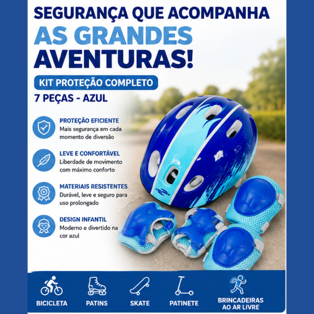 Kit Capacete Infantil Proteção 7 Peças Bike Skate -  Azul