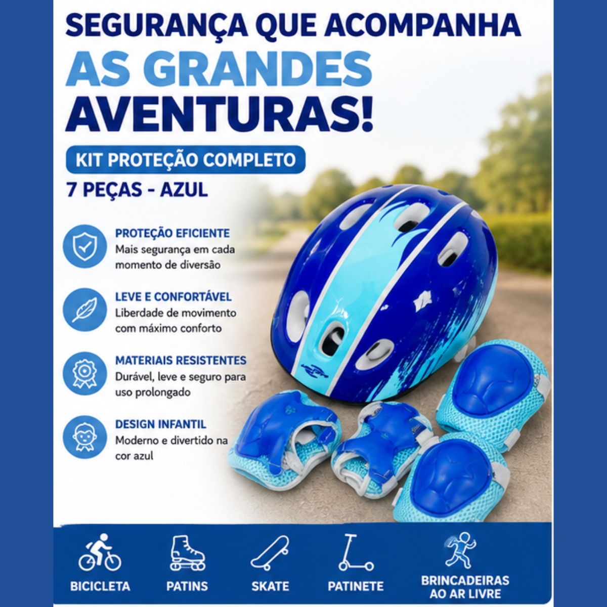 Kit Capacete Infantil Proteção 7 Peças Bike Skate -  Azul