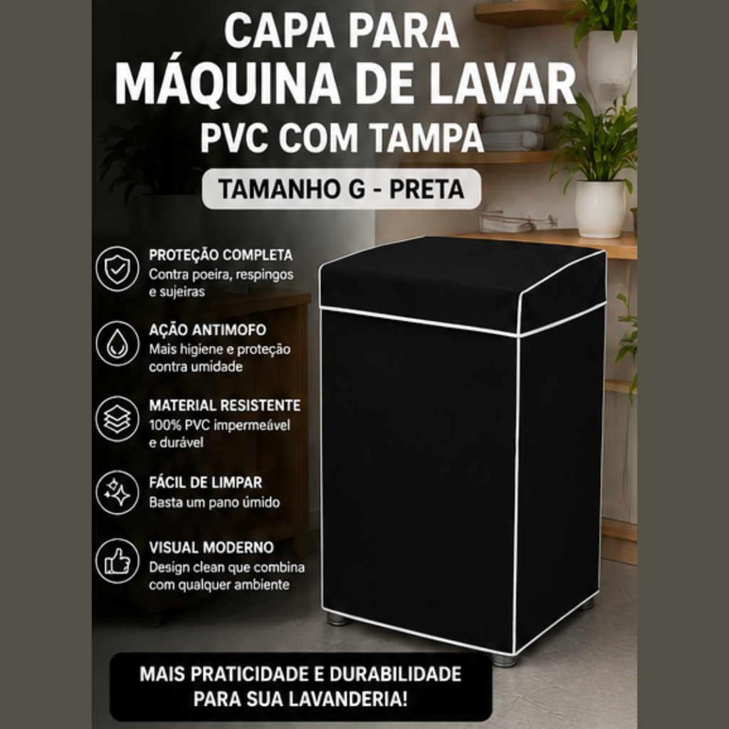 Capa Para Máquina De Lavar PVC Impermeável Com Tampa Preta G