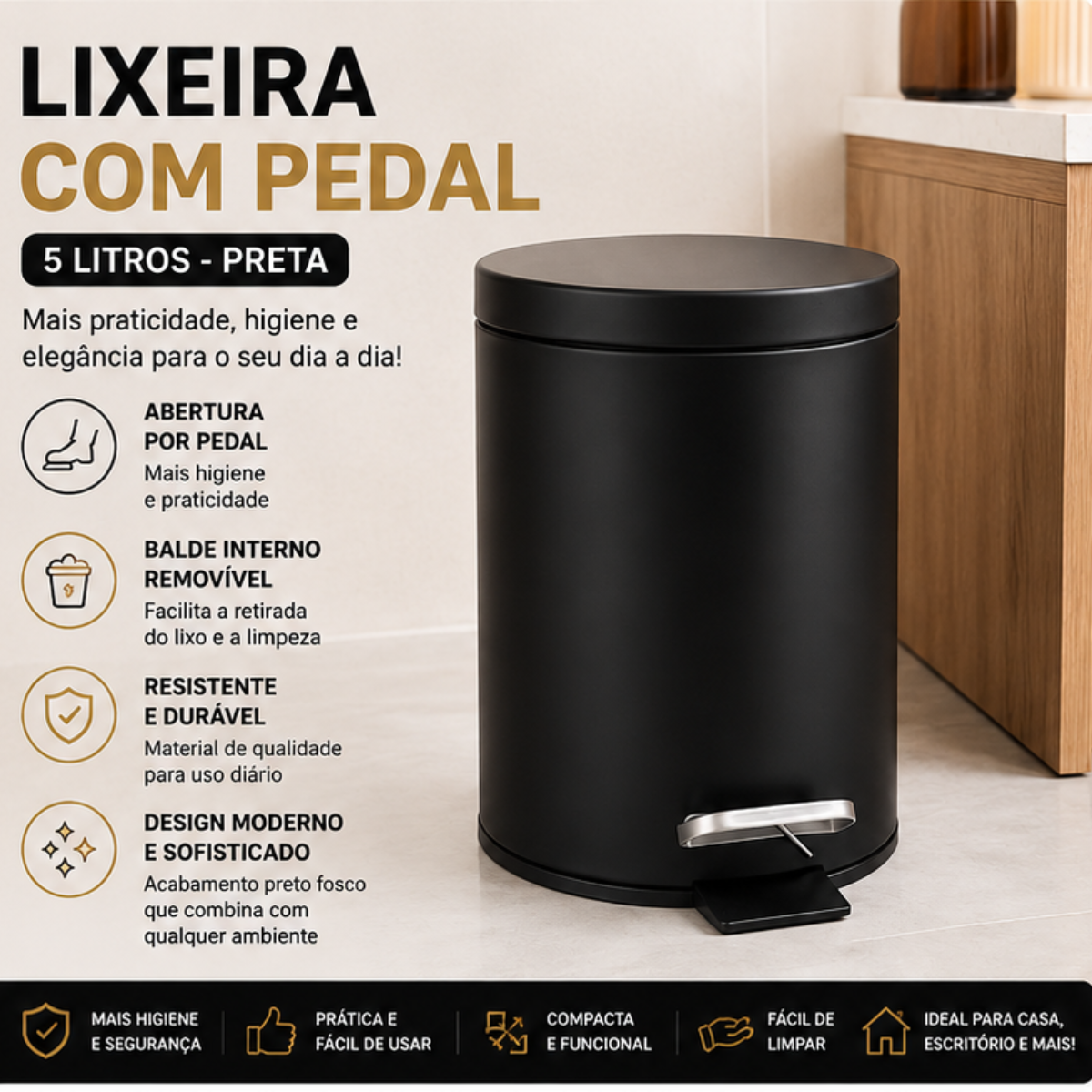 Lixeira Com Pedal 5 Litros Preta Banheiro Cozinha Escritório
