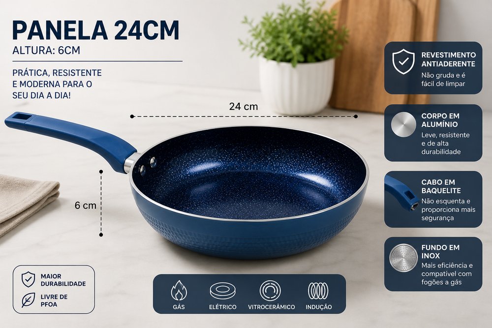 Frigideira Antiaderente Cerâmica 24cm Fratelli Azul Indução