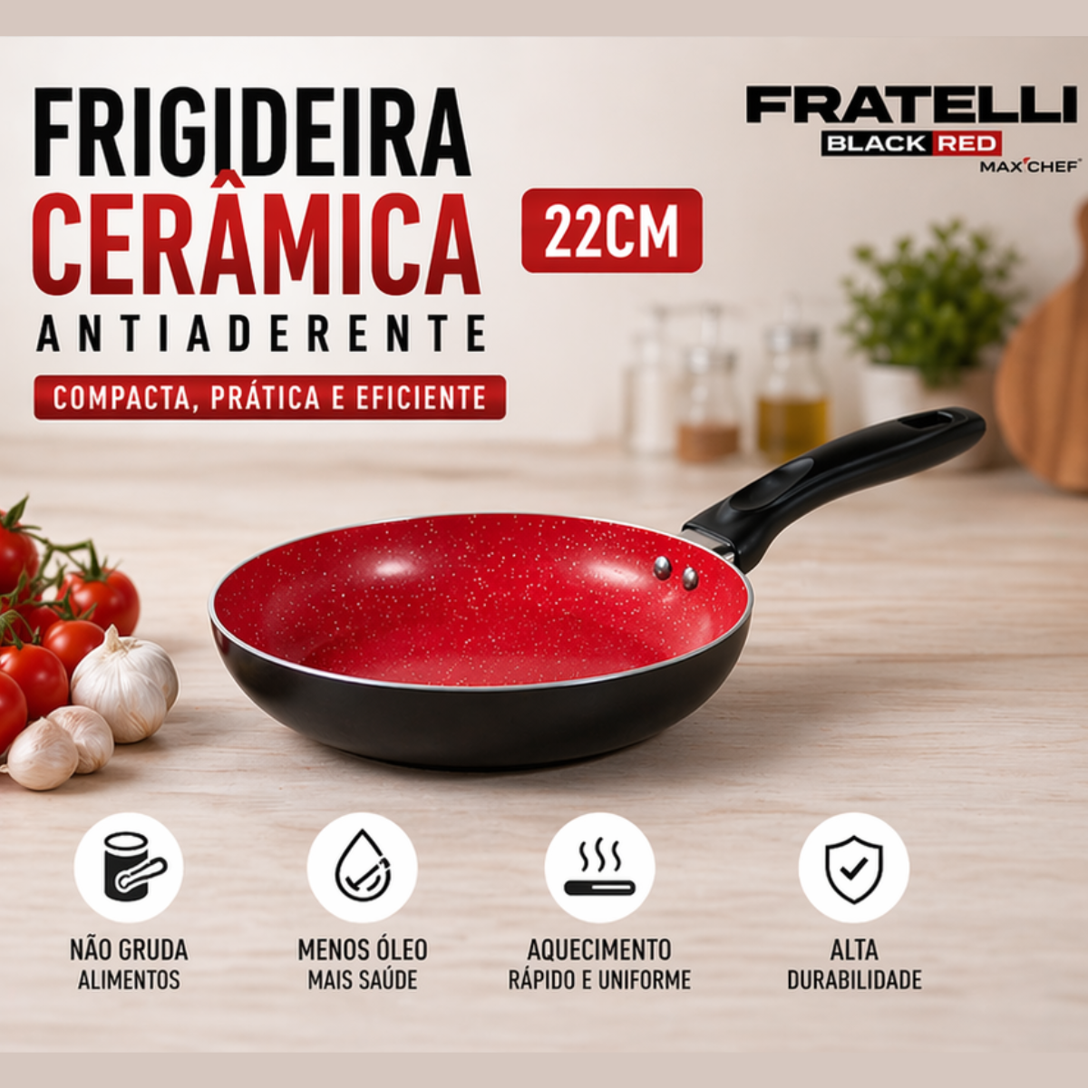 Frigideira 22cm Fratelli revestimento cerâmico vermelho e preto | Lgjlima
