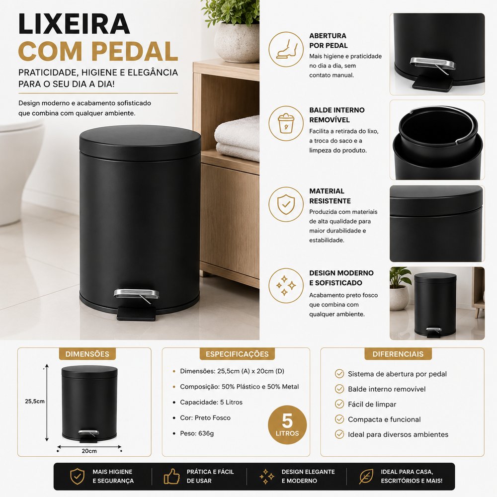 Lixeira Com Pedal 5 Litros Preta Banheiro Cozinha Escritório